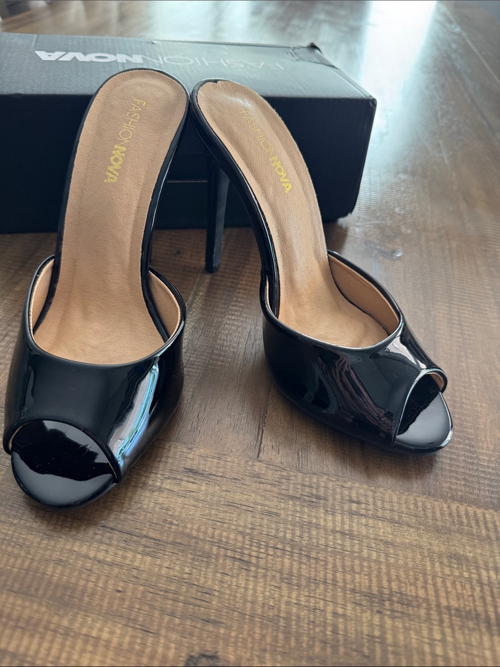 Fashion Nova Black Patent Peep-Toe Mule Heels